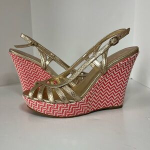 Lilly Pulitzer Sophie Pink and Gold Chevron Slingback Open Toe Strappy Wedges 6M
